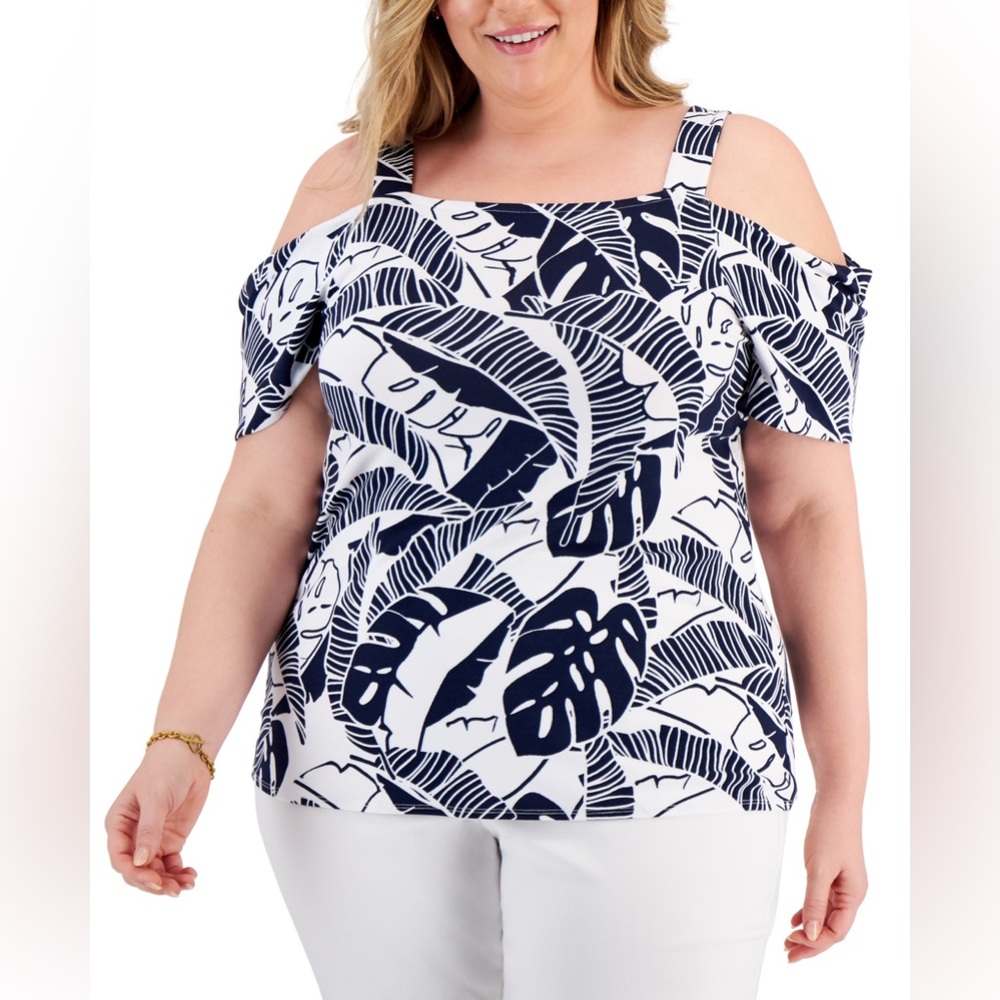 (M:NWT) $39.50|JM Collection Palm-Print Cold-Shoulder, Intrepid Navy Combo